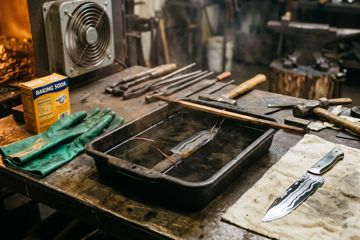 A pattern welded blade etching in a tray, showing the bright 15N20 steel layers against dark carbon steel.
