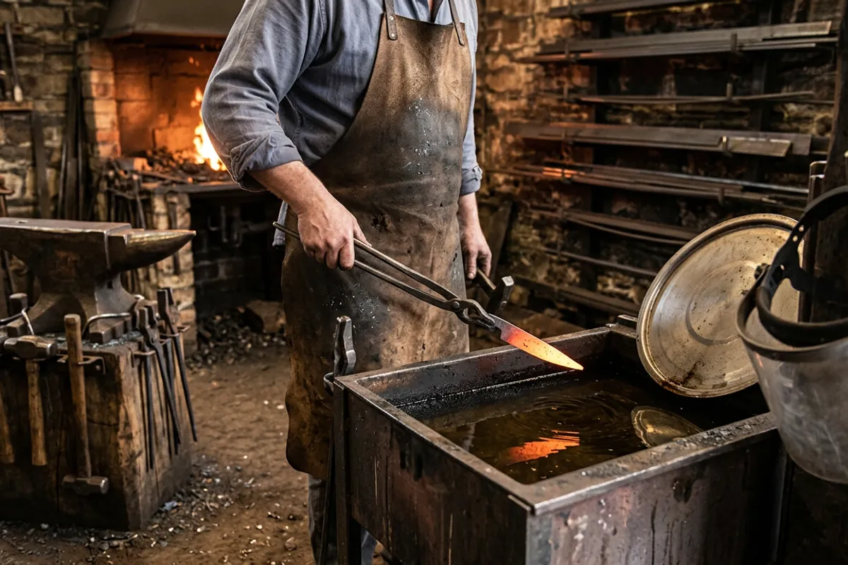 A thin 15N20 steel blade held in tongs above a quench oil tank with a lid staged within reach.
