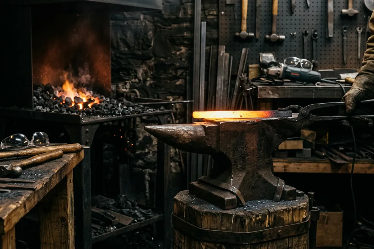 A ductile iron 200 lb anvil next to a forge with hot steel held in tongs