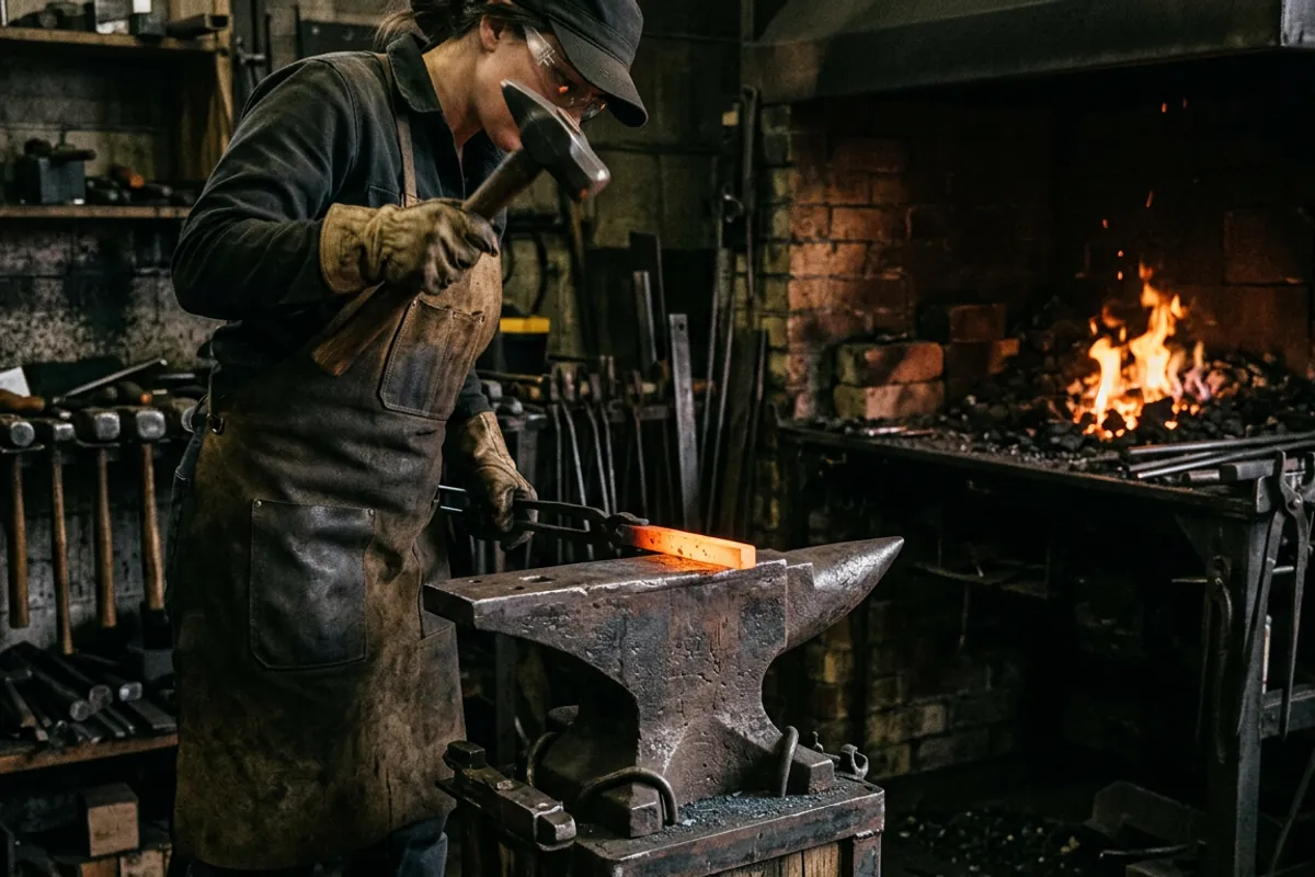 Forging hot steel on a 200 pound anvil with tongs and eye protection in a dark home shop
