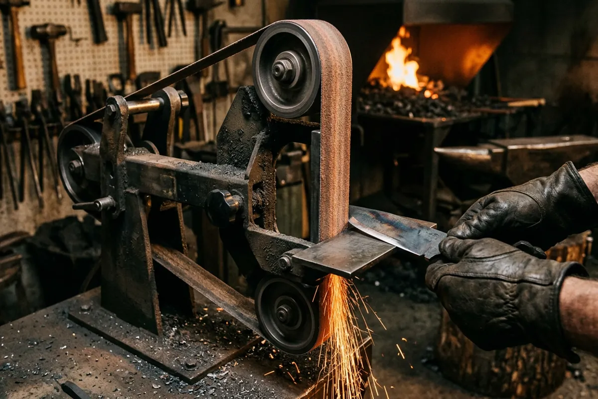 Close up of a 2x72 belt grinder for knife making showing the platen, belt, and tracking wheel