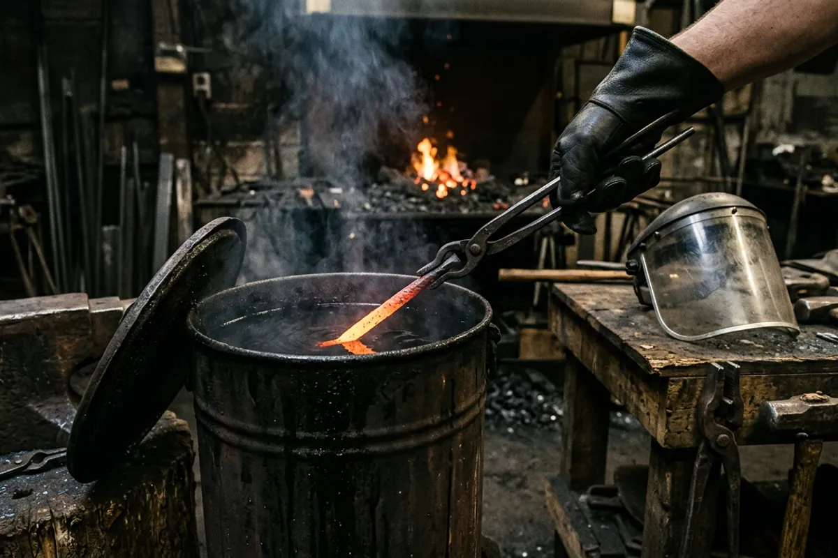 Quenching a 4140 tool point-first in warm oil during a 4140 heat treat