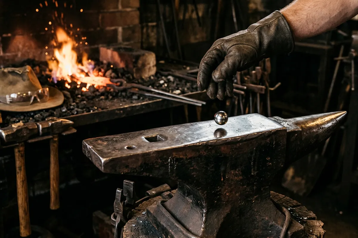 Testing the rebound of a heavy 500 lb anvil for sale by bouncing a ball bearing on its face