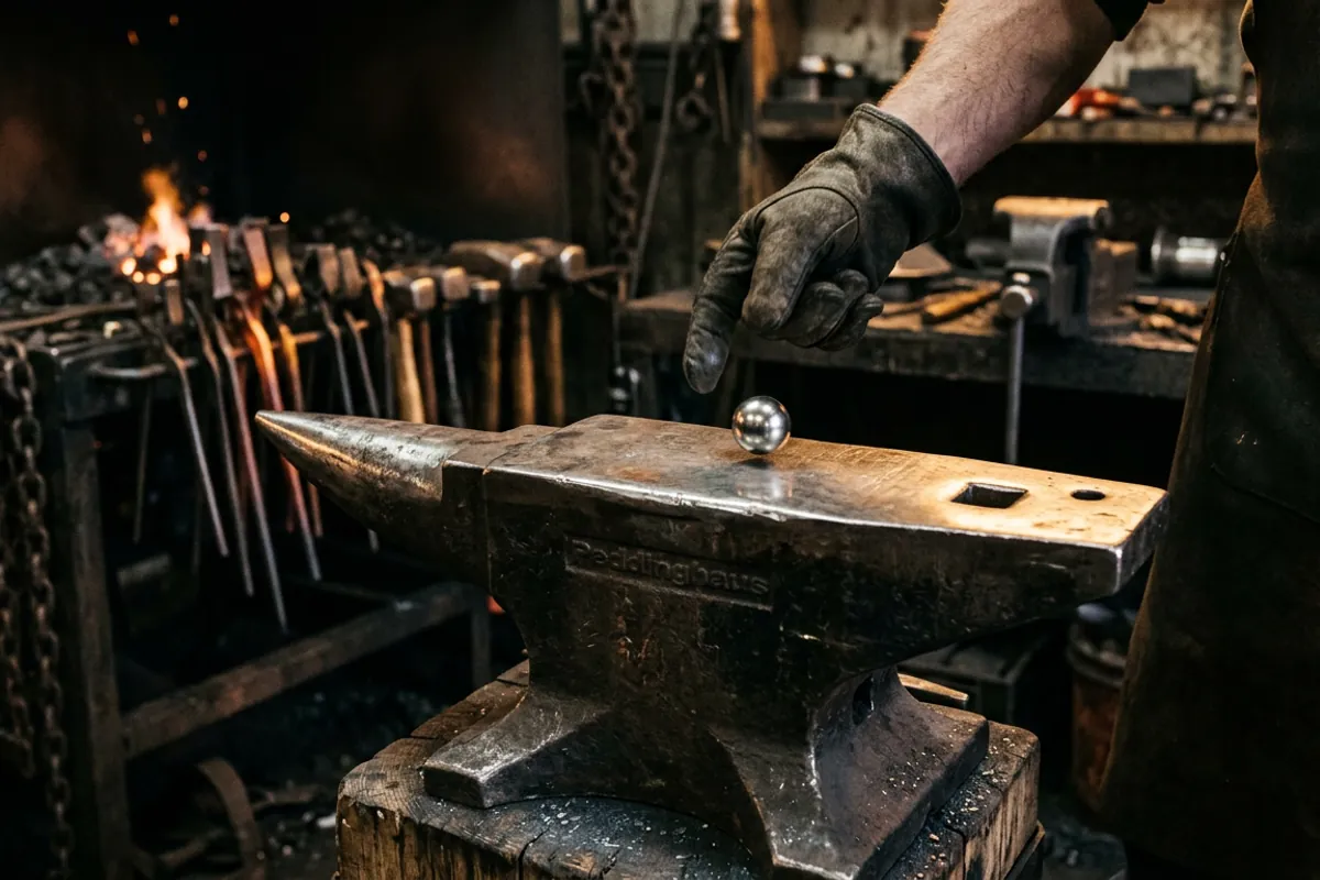 Testing the rebound of a heavy 500 pound anvil with a ball bearing on its steel face