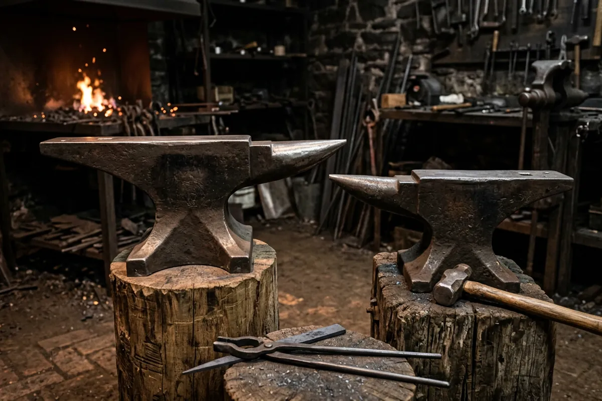A large 450 to 500 pound anvil beside a smaller anvil showing the size difference a 500 pound anvil for sale really means