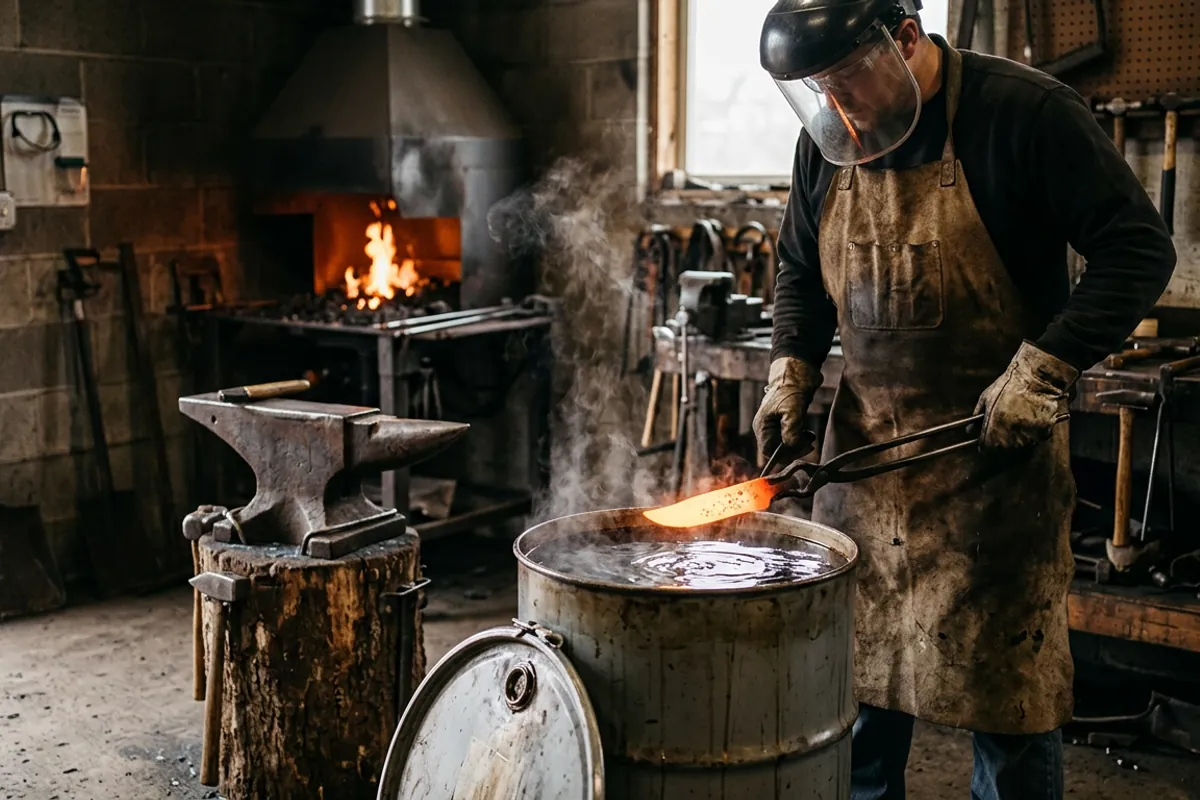 A blade of 80CrV2 steel entering a warm oil quench tank while the smith wears a face shield