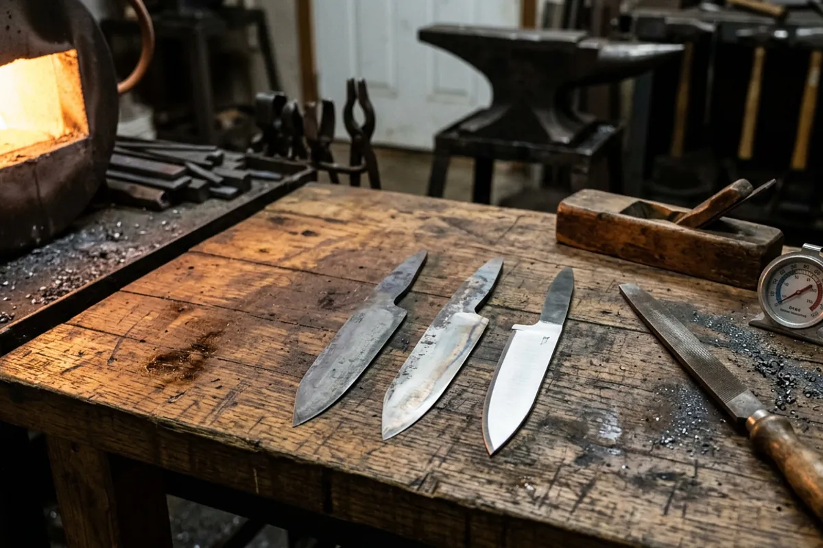 Finished 80CrV2 steel blades on a shop bench with a file used to check hardness after tempering