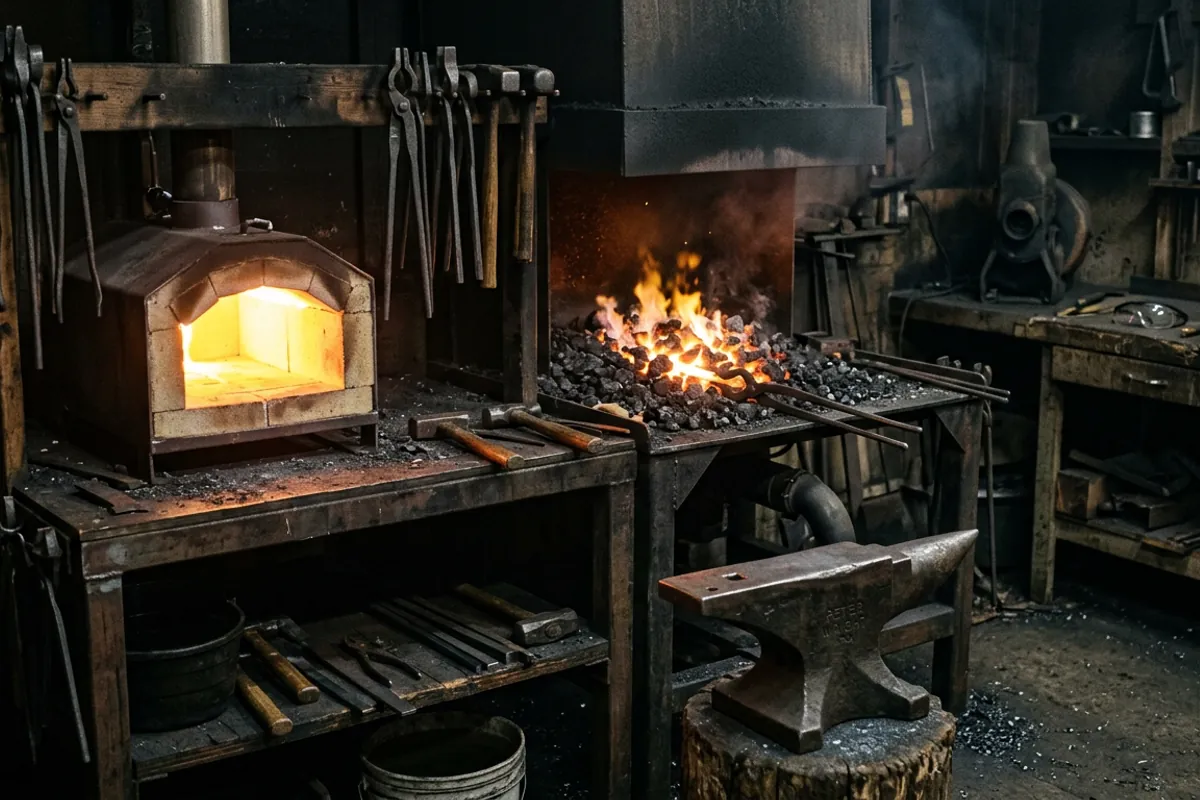 The two forge types a black smith chooses between, propane and coal, side by side in a home shop