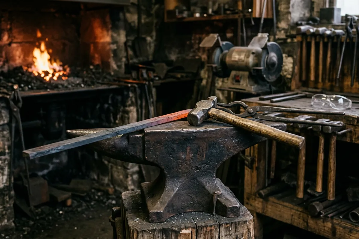 The core hand tools a black smith works with, a cross pein hammer and tongs, on the anvil