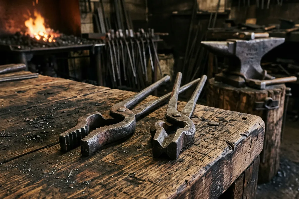 Wolf jaw and V-bit adjustable blacksmith tongs side by side on a shop bench