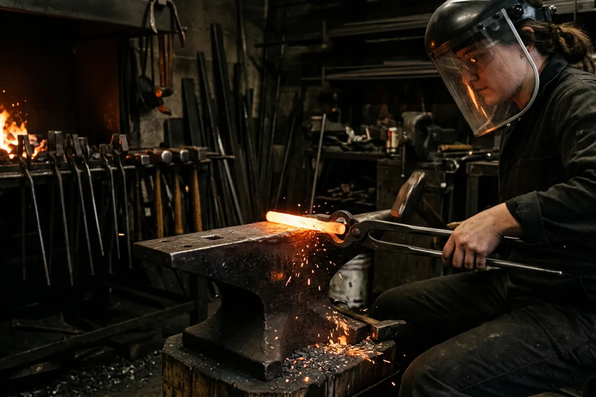 A smith in eye protection fitting adjustable blacksmith tongs onto hot stock at the forge