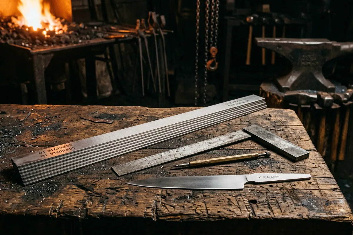 Thin flat bar stock of AEB-L steel and layout tools on a workbench in a dark smithy.