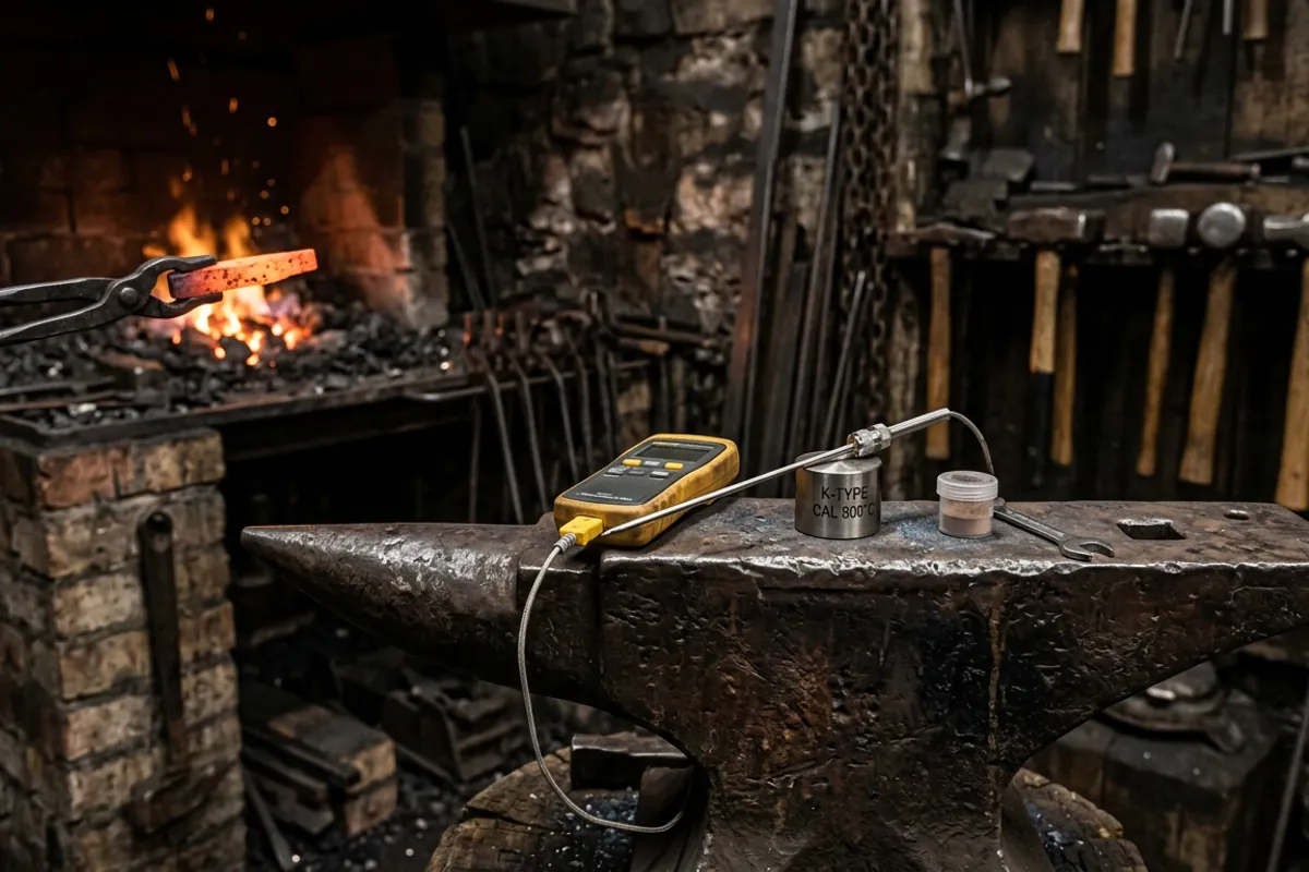 A thermocouple resting on an anvil, illustrating the pyrometry control at the heart of the AMS 2759/3 heat treat specification