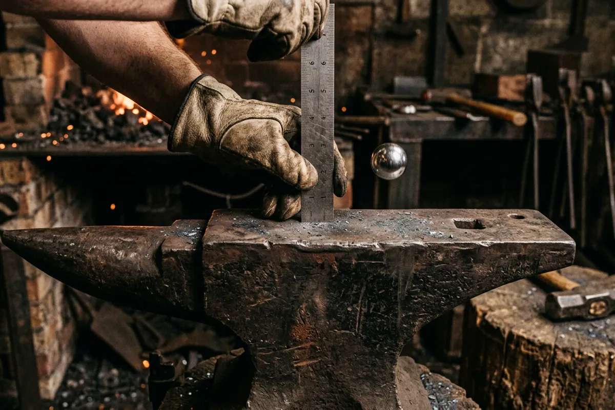 Rebound testing an antique anvil with a steel ball bearing dropped against a vertical rule on the anvil face