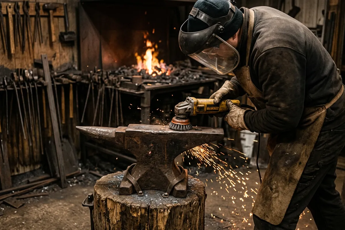 Cleaning rust from an antique anvil face with a wire cup brush while wearing eye and face protection