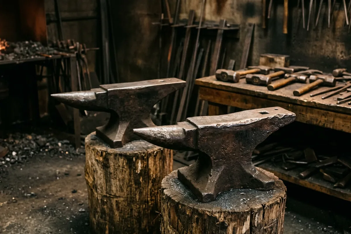 A worn swaybacked anvil beside a sound one, the comparison that decides which antique anvils for sale are worth buying