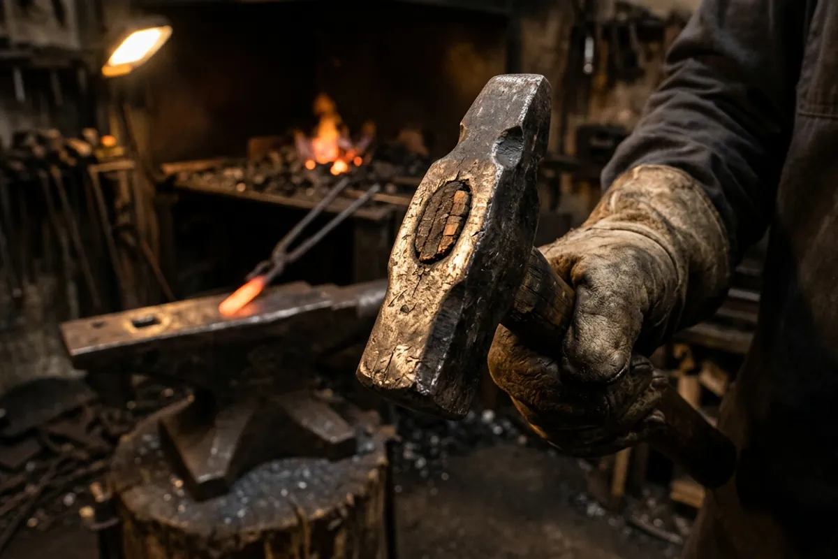 A smith inspecting the face and eye of an antique blacksmith hammer for cracks before buying
