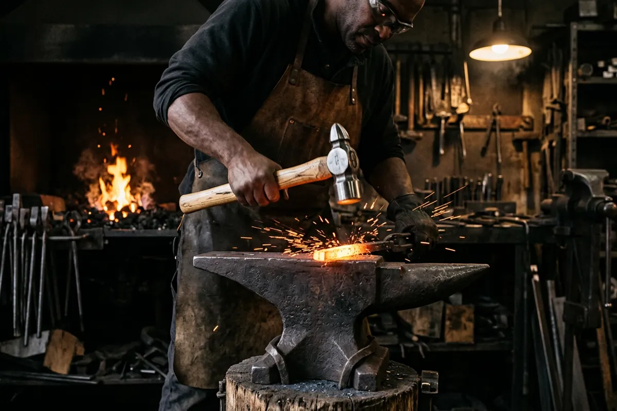 A new Swedish pattern cross pein hammer forging hot steel next to an antique blacksmith hammer on the bench