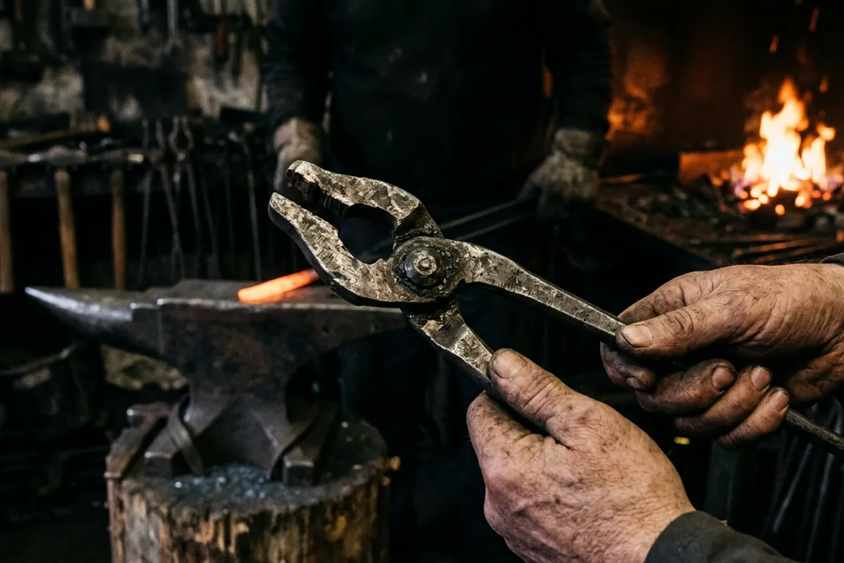 Hands inspecting the jaws and rivet of an antique blacksmith tong for wear