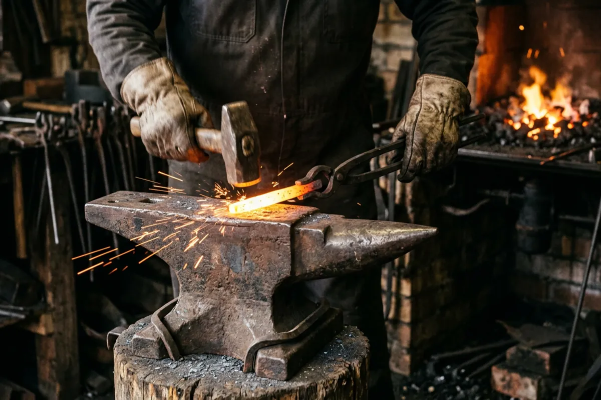 Reforging the glowing jaws of an antique blacksmith tong on an anvil face