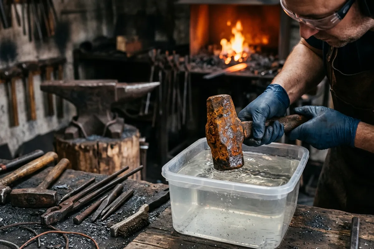 Gloved hands soaking a rusty antique blacksmith hammer head in a rust-remover bath during restoration