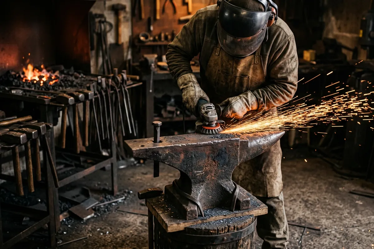 A smith in a face shield using a wire cup brush to clean rust from an antique anvil, showing safe grinding practice