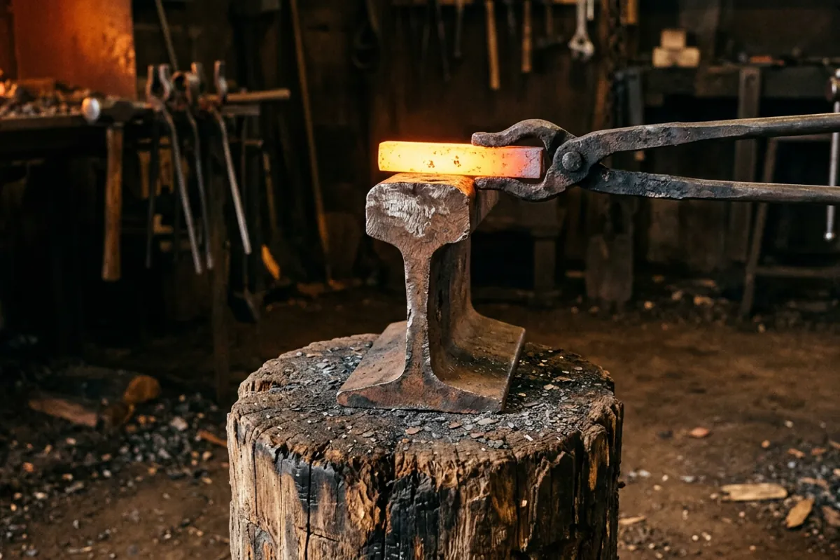 Hot steel held with tongs on the cut end of a railroad track anvil, showing mass under the hammer blow.