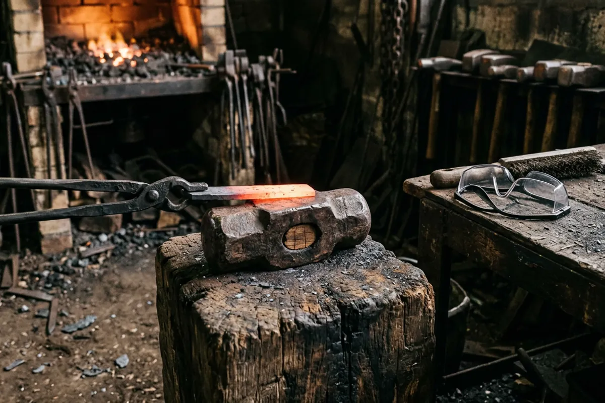A sledge hammer anvil buried face up in a timber block, one of the improvised anvil setups that actually forges.