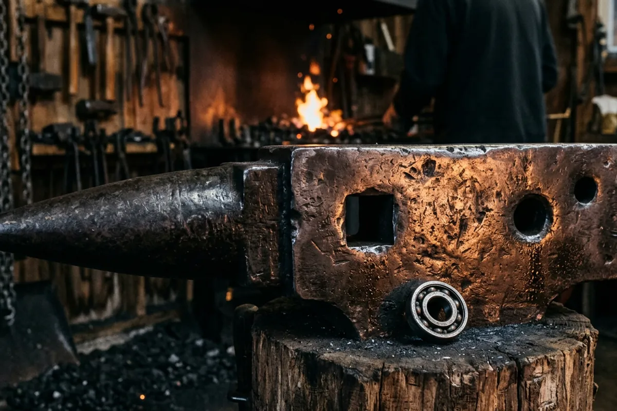 Close up of an anvil face showing the hardy hole, pritchel hole and horn used to judge a good anvil