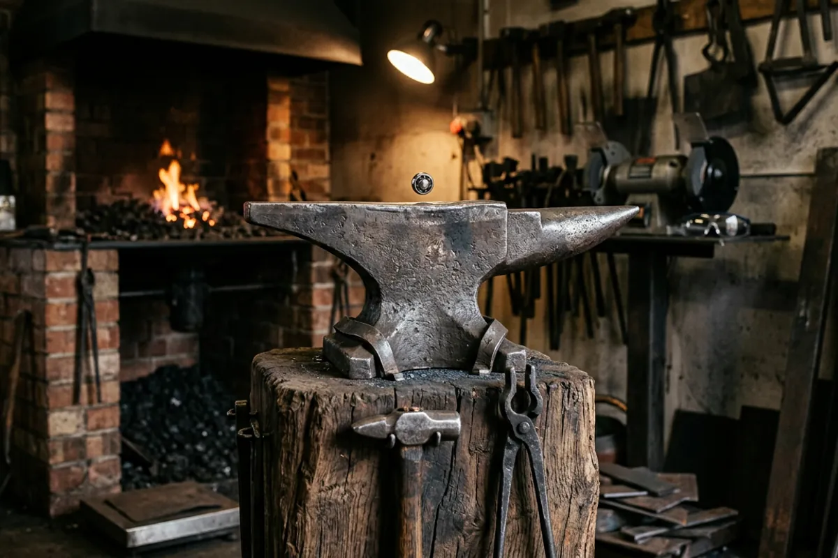 A used vintage anvil on a timber stump being checked for rebound before buying