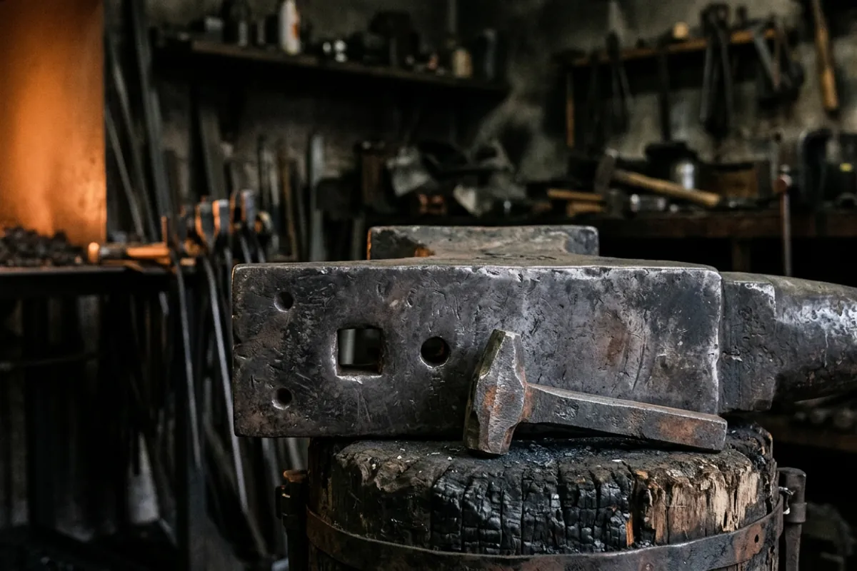 Close view of the square hardy hole and round pritchel hole on an anvil with an anvil hardy tool resting on the face
