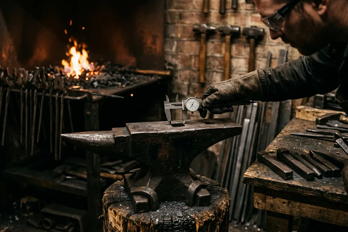 A smith measuring an anvil hardy hole with a caliper to match the shank size of anvil hardy tools