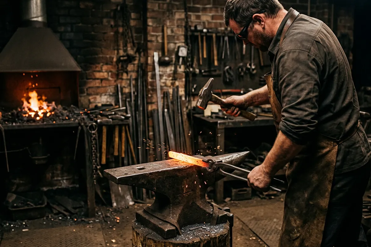 A smith working hot steel with tongs and eye protection on the anvil, the kind of daily use that justifies a higher anvil price