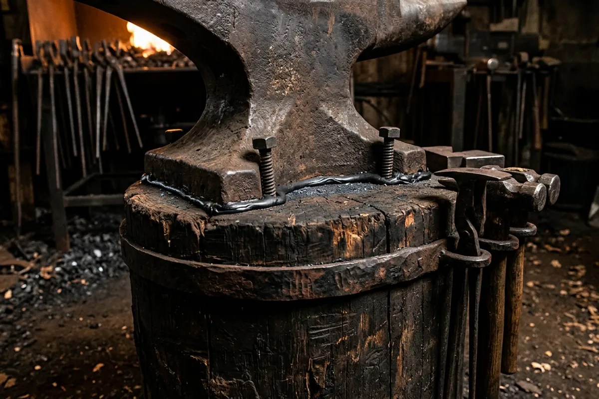 Close view of lag screws and bedding holding an anvil to a hardwood anvil stand