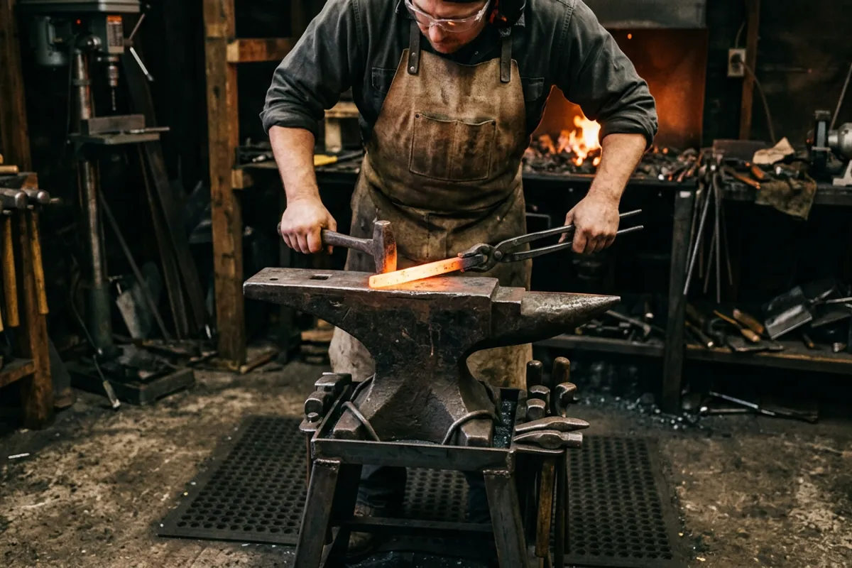 A smith working hot steel with tongs at an anvil mounted on a steel anvil stand with a rubber mat underneath
