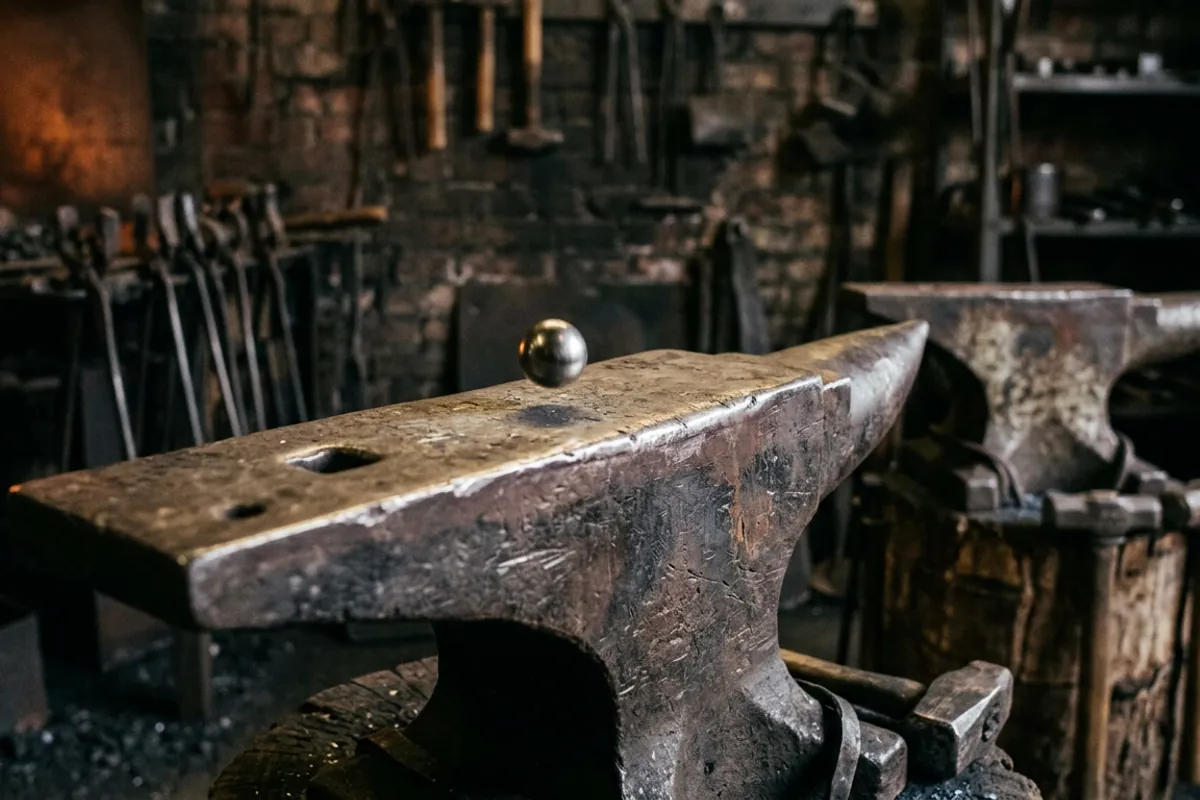 A ball bearing rebounding off a hard anvil face, the bounce test that shows why rebound matters more than an anvil weight number
