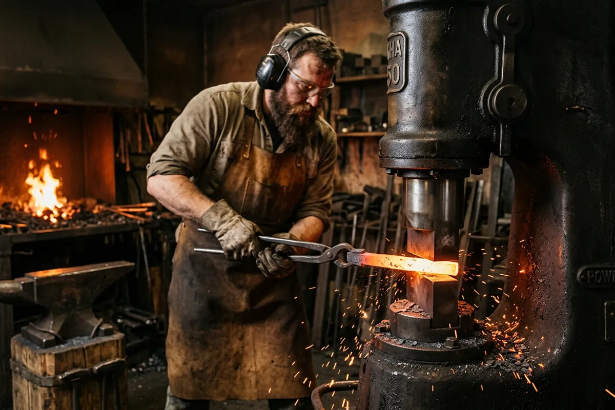 A smith using tongs and hearing protection to forge hot steel under a 55 lb Anyang power hammer