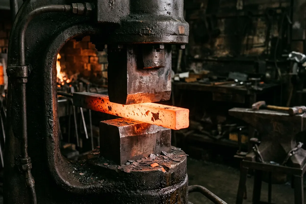 The dies of an Anyang power hammer with hot square stock between them in a dark smithy