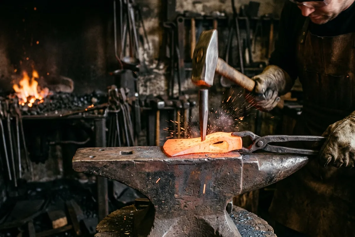 A smith driving an axe eye drift through a punched slot in a hot axe head on the anvil