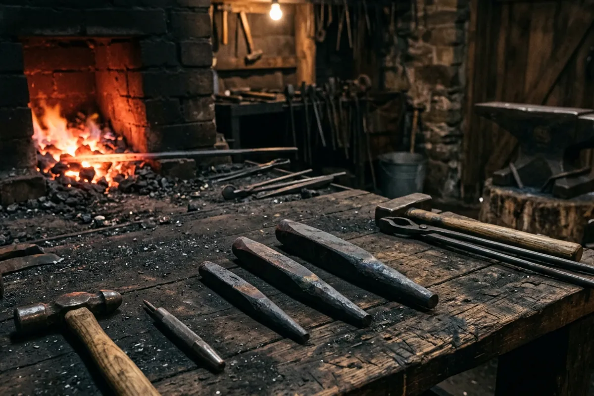 A set of axe eye drift tools in three sizes laid out on a workbench in a home smithy