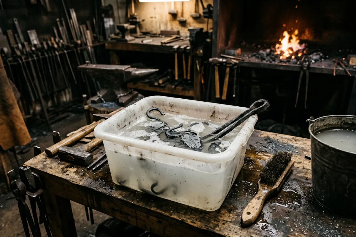 Forged steel parts soaking in a vinegar bath for forge scale removal before a beeswax finish