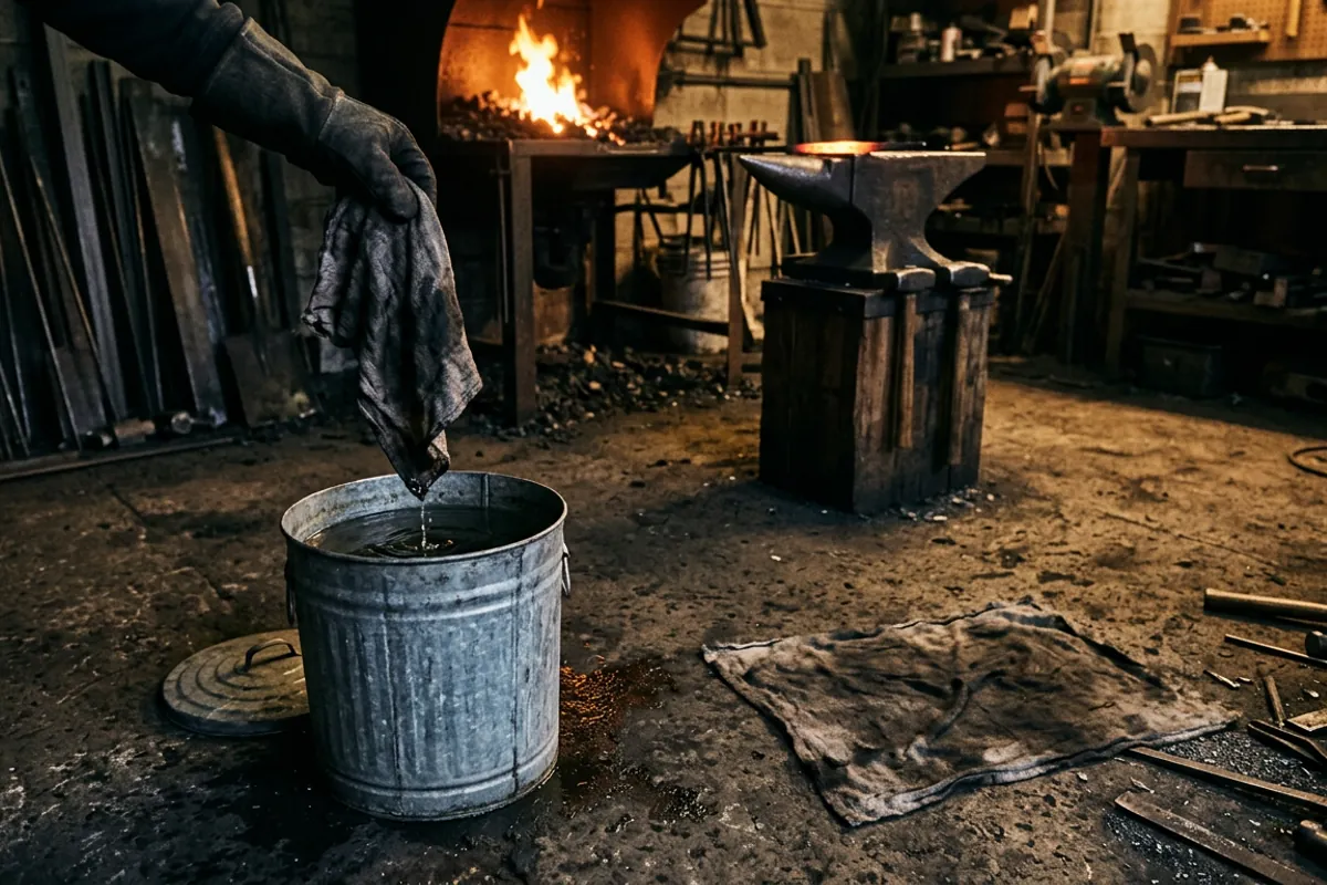 Oily finishing rags going into a lidded metal can of water after applying a beeswax finish to forged steel