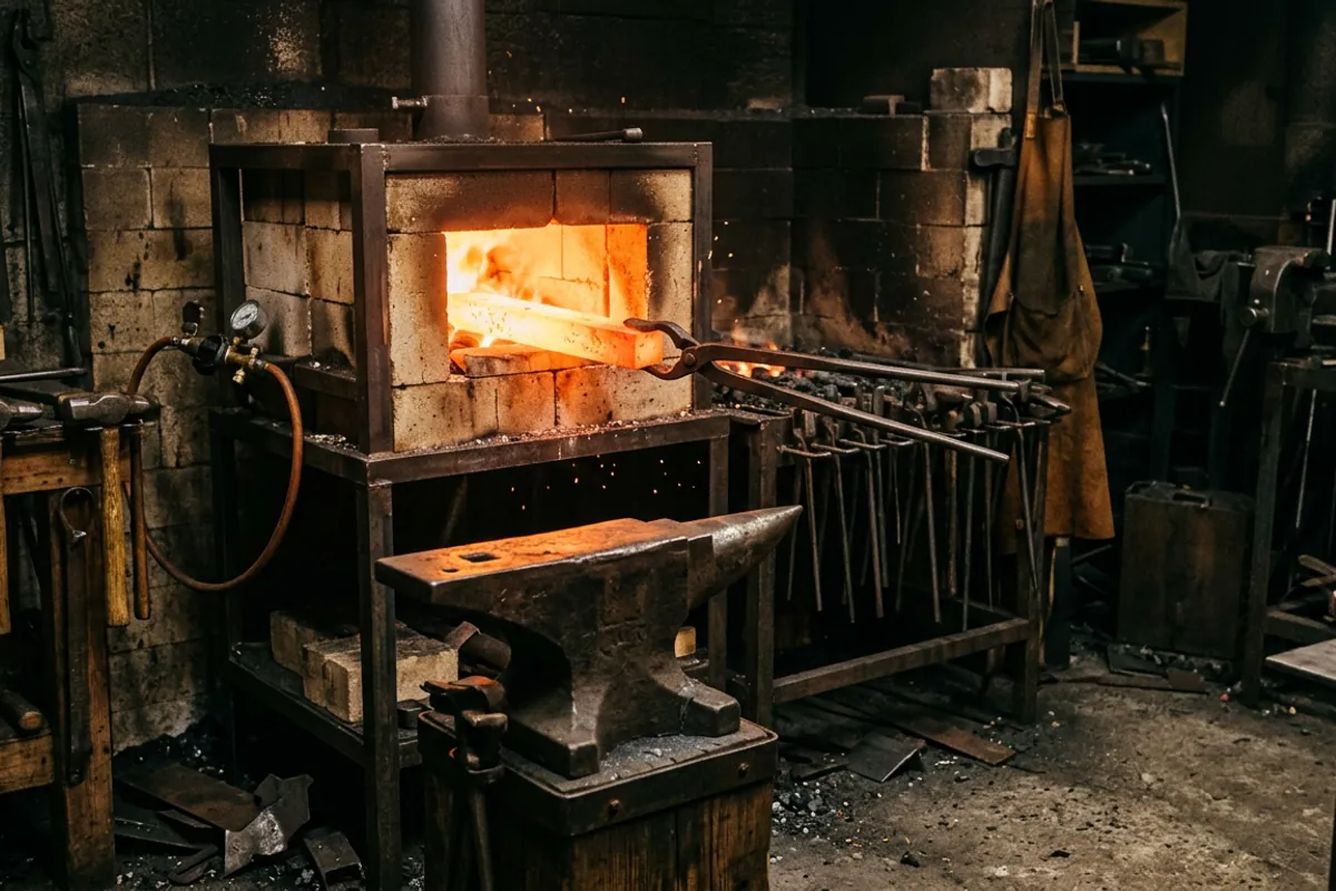 A beginner blacksmith heats a steel bar to forging orange in a propane forge