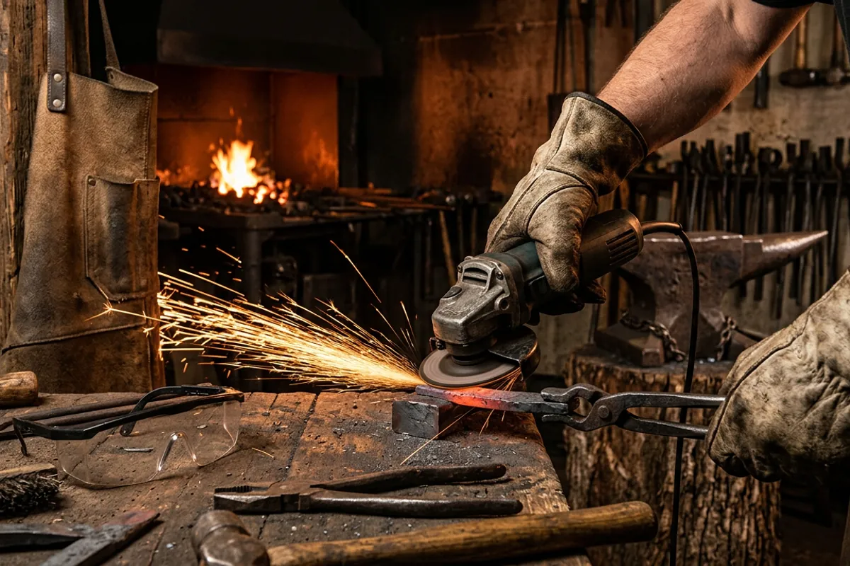 Beginner blacksmith safety gear with eye protection and leather at the grinder