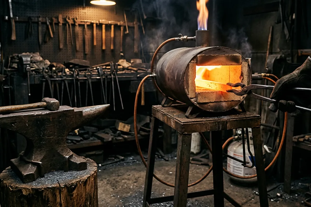 A single burner propane forge heating steel, the easy first forge for a beginner blacksmith kit