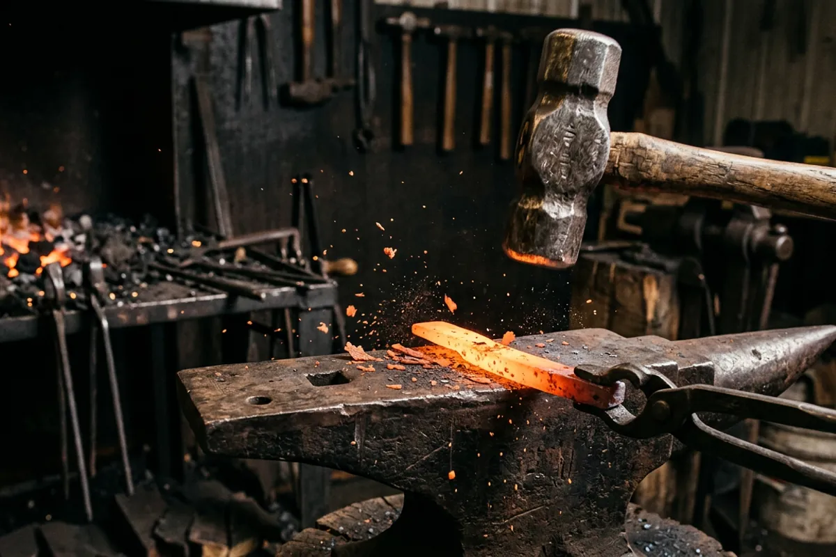 A 2 pound cross pein hammer working hot steel on an anvil, the core of a beginner blacksmith kit