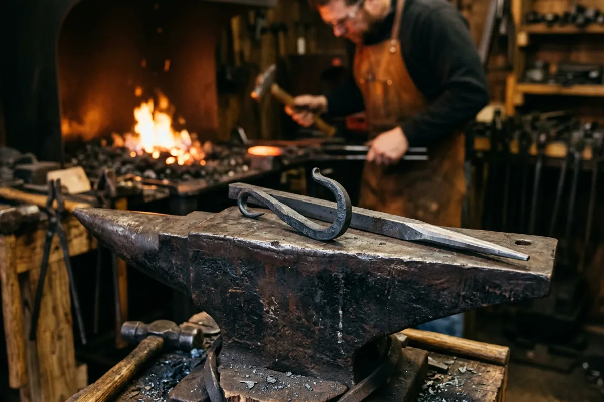 A hand-forged J-hook, a classic beginner blacksmith project, resting on the anvil