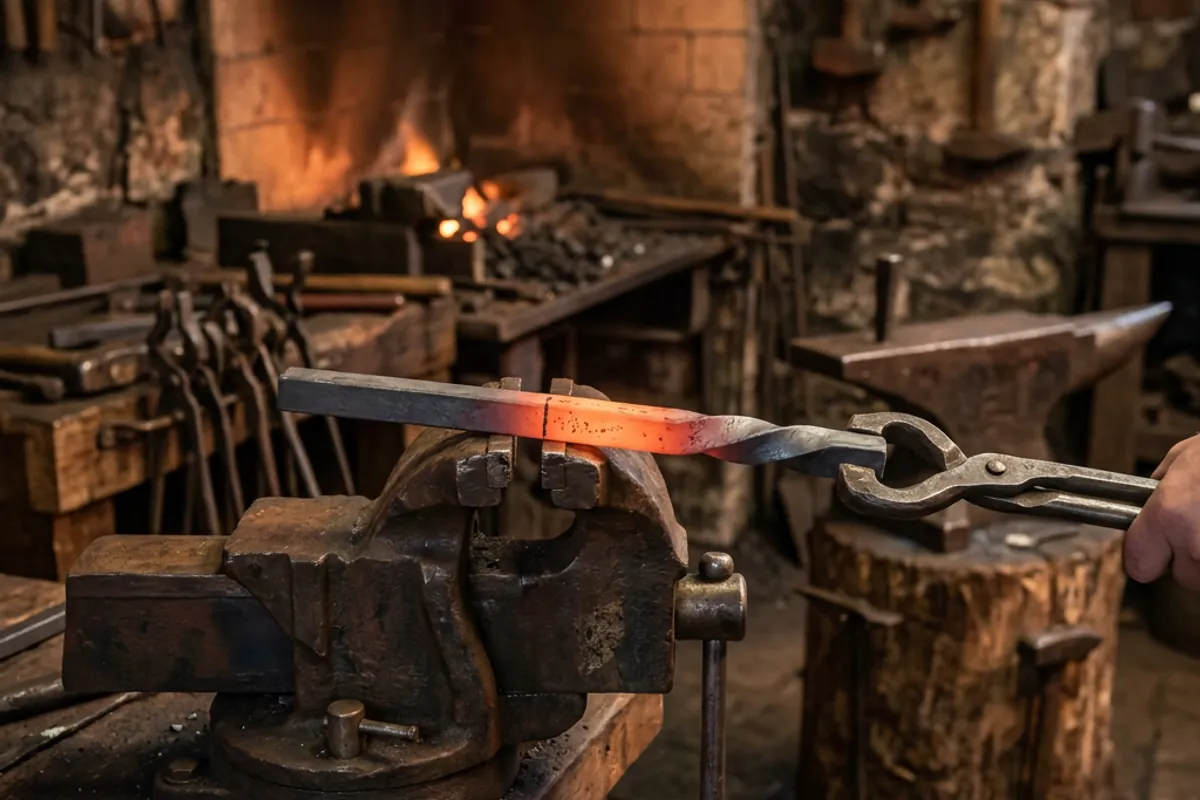 Twisting hot square stock in a vise as a beginner blacksmith project skill drill