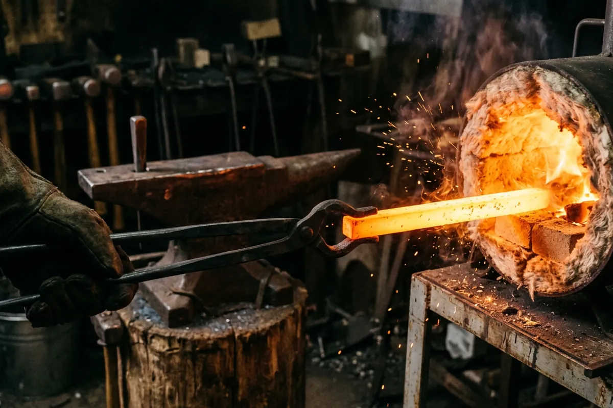 Tongs pulling hot steel from a beginner forge chamber in a home smithy