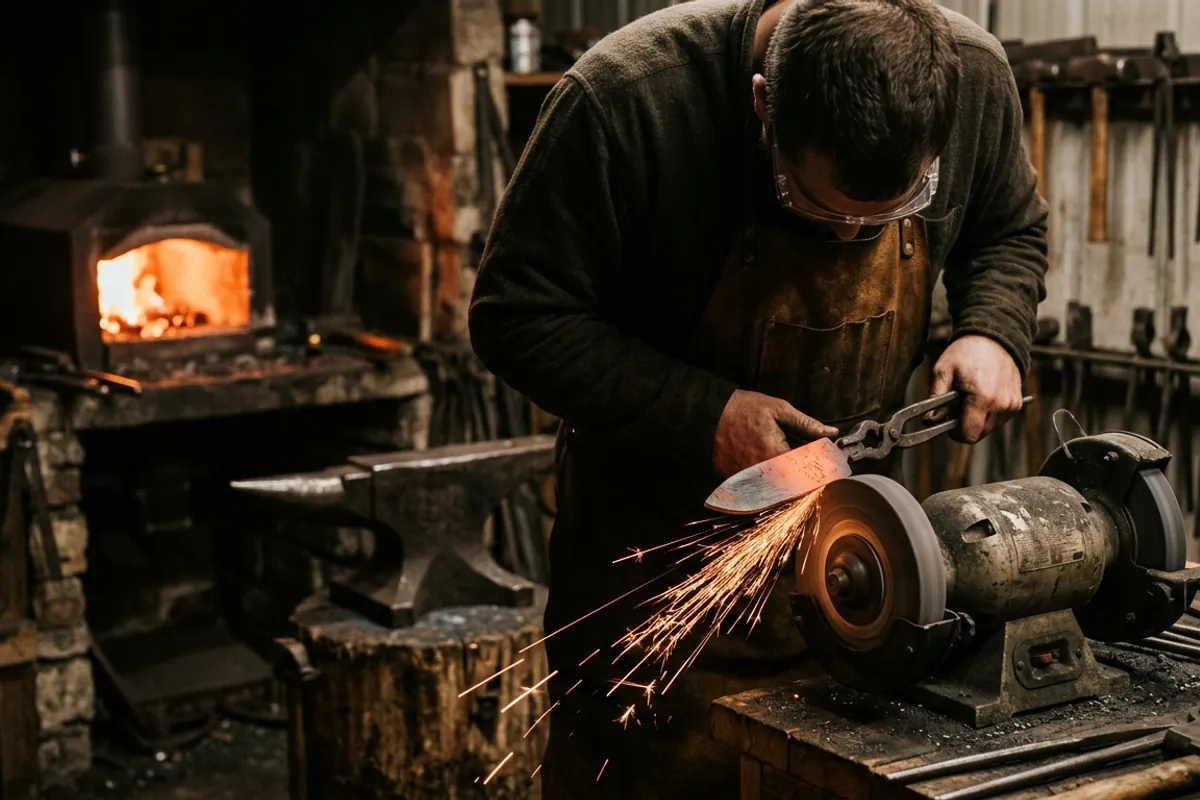 Safe practice near a beginner forge with eye protection at the grinder
